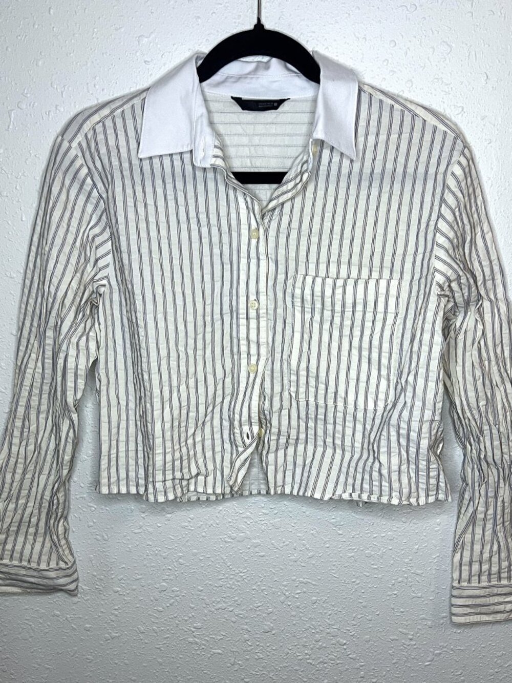 Zara Striped Blue Red White Button Down Longsleeve White Collar Crop Shirt